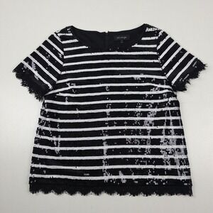 St. John Shirt Womens 8 Black Sequin Stripe Lace Fringe Short Sleeve Blouse